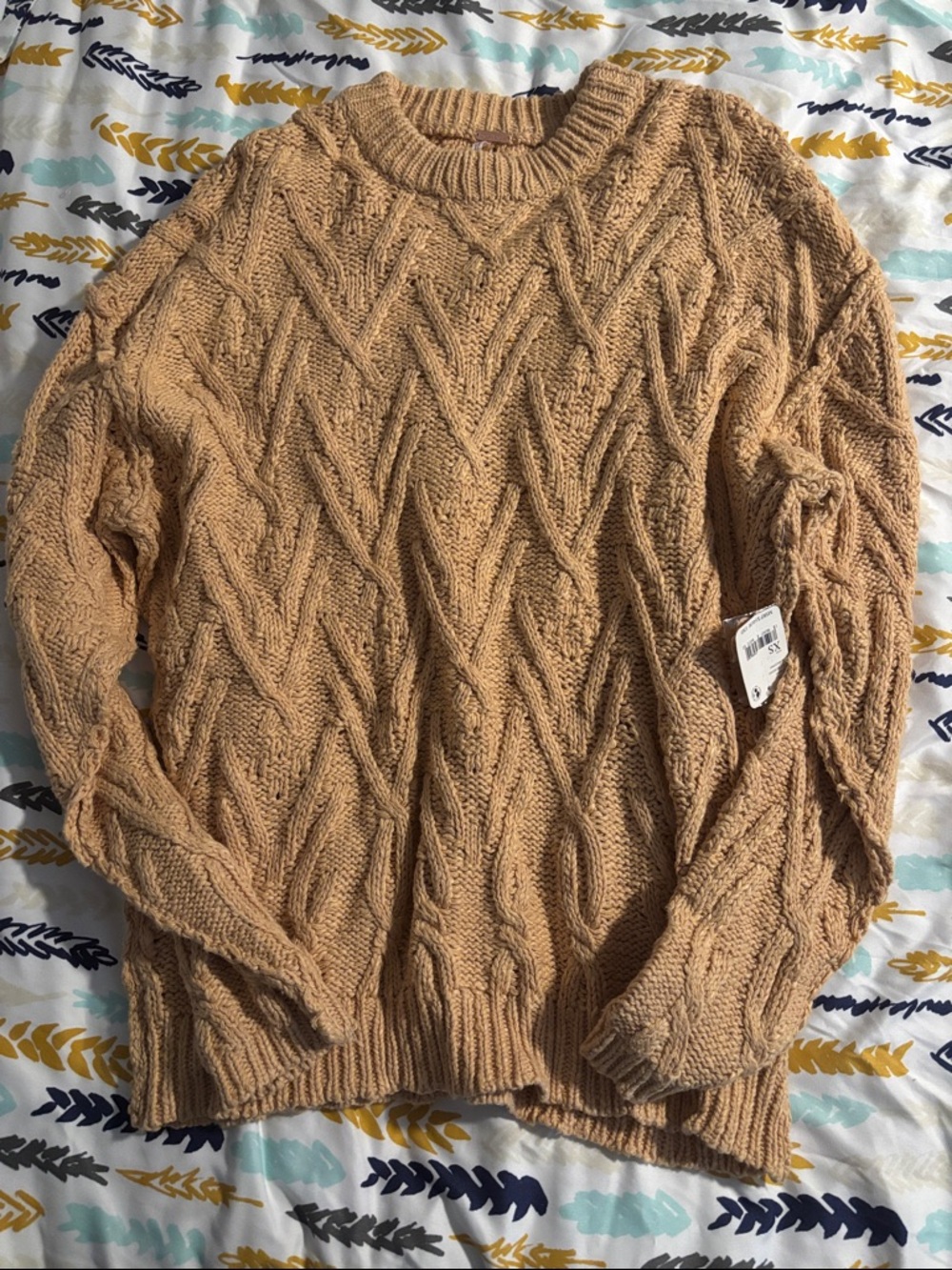 Free People Cable Knit Sweater in Camel Tan